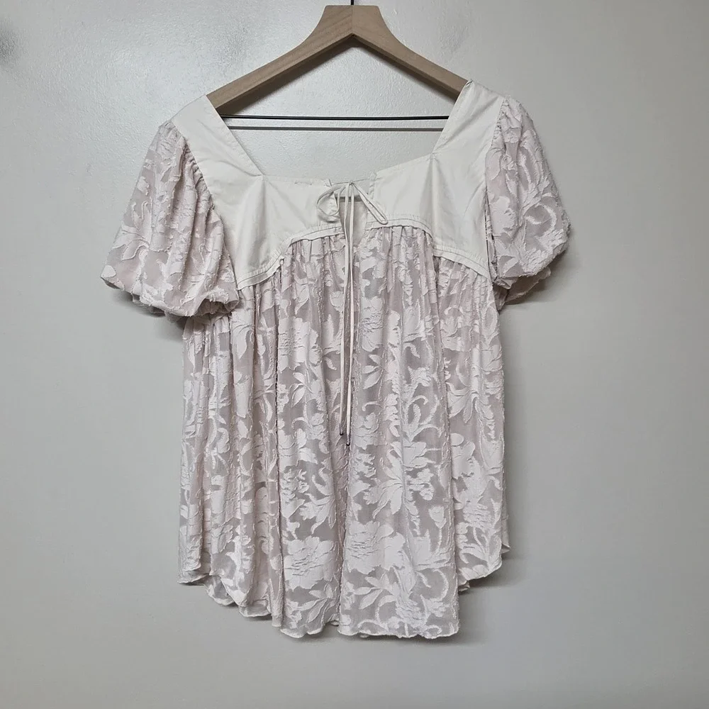 Free People Sunrise to Sunset Top M Pink Floral Burnout Babydoll Puff Sleeve